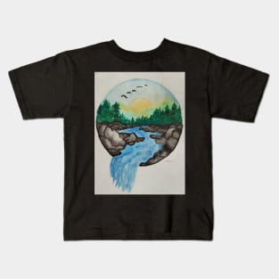 A flock of birds flying high above falling water Kids T-Shirt